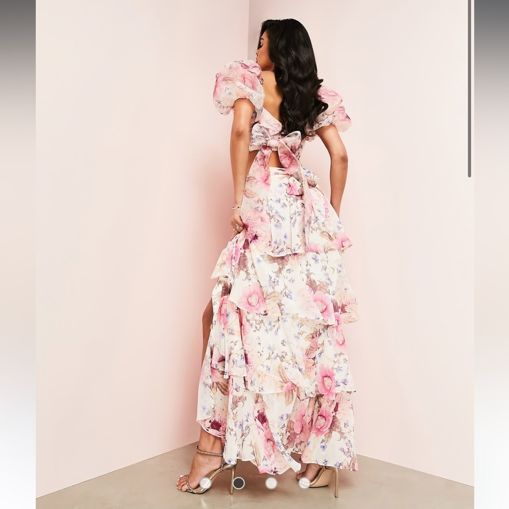 ASOS LUXE ruched wrap tiered maxi skirt in floral print - Picture 3 of 11